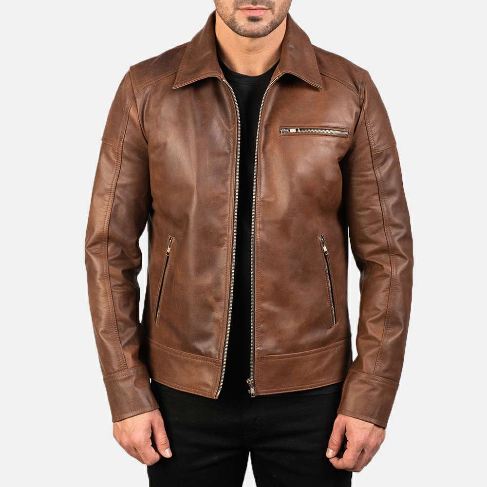 Cognac Leather Shirt-Collar Jacket with Zip Pockets